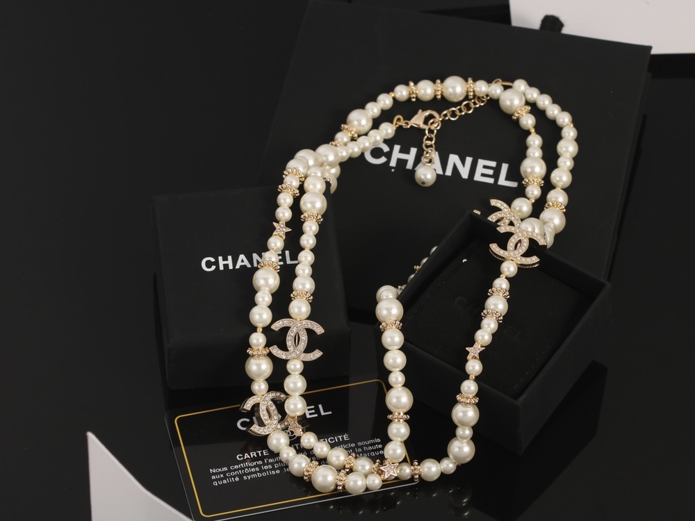 CHANEL Double-Strand Pearl & Crystal CC Logo Necklace